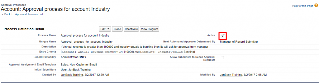 Approval Processes Account Approval process for account Industry Salesforce Developer Edition