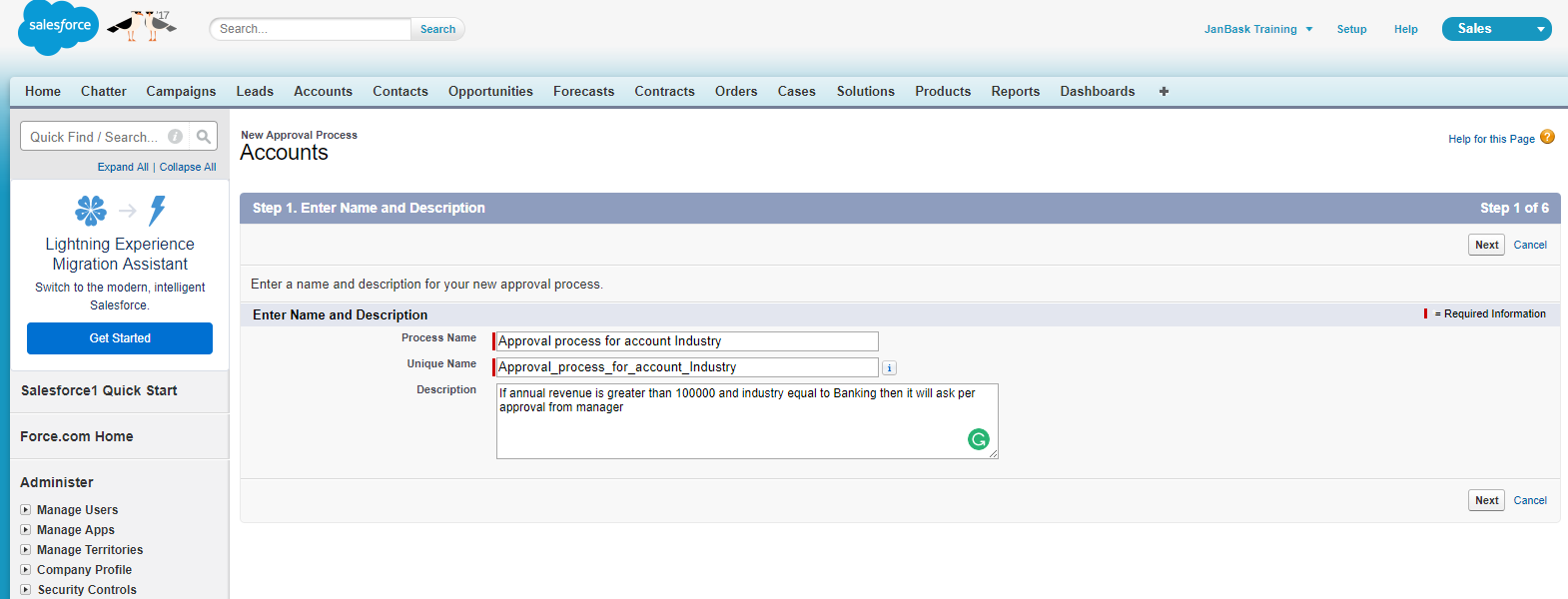 New Approval Process Accounts Salesforce Developer Edition